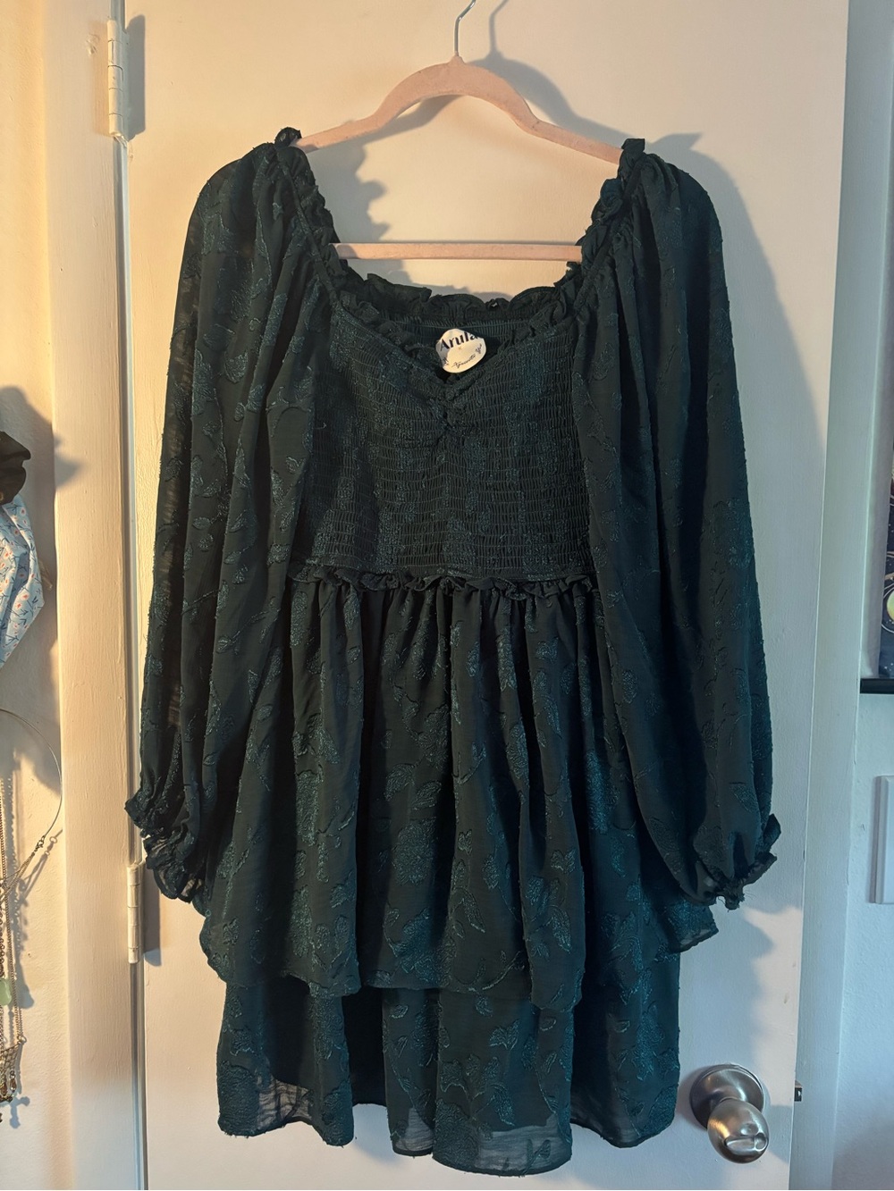 ARULA Dark Teal Peasant Tunic with Smocked Bodice